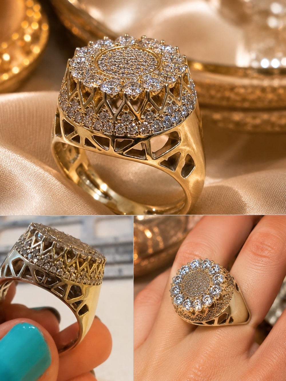 10K Gold Diamond Ring Size 9,Luxury Cluster Ring,10g Gold Ring for Unisex